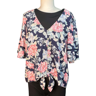 Just Jeans Womens  Size 12 Button Up Top Floral / Navy Blue / Pink  