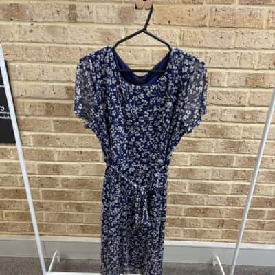Jacqui-E Womens blue floral tie dress Size L 