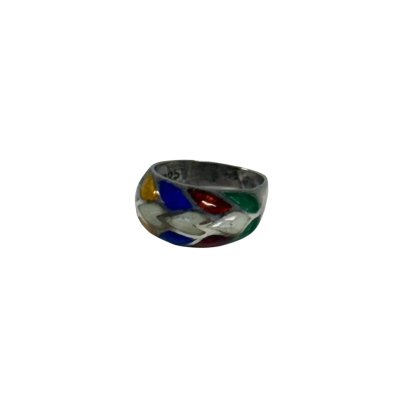 Sterling Silver (925) and Multi-Coloured Painted Enamel Ring (5 grams) -Size 8