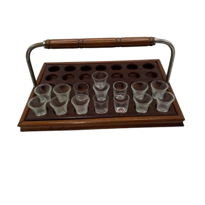 Vintage Polished Wood Communion Tray DAMAGED (See pics) Space for 35 only 15 glasses included 