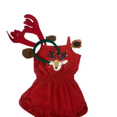  Xmas Girls Size 3 Jumpsuit Red + Xmas Reindeer Headband & Sunglasses - NEW