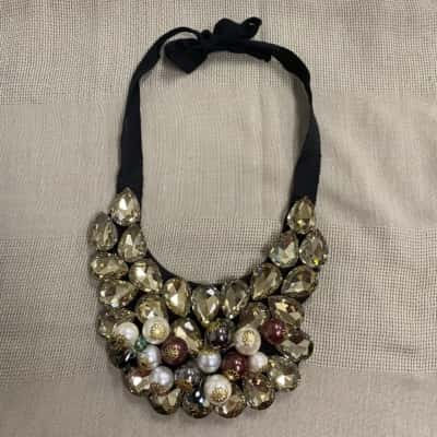  Womens Faux Pearl and Champagne Faceted Beads Bib Necklace