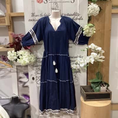  HUMIDITY BRAND! GORGEOUS FEMININE PUFF SHORT SLEEVE MAXI DRESS! Womens  Size S Maxi Dress / Short Sleeve Dress  Navy Blue 