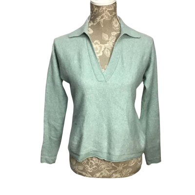 Halston 100% Cashmere V-Neck Collared Jumper