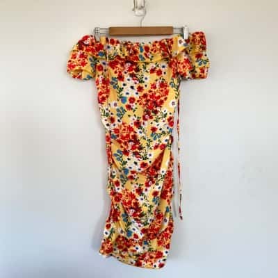 Eilly Bazar YEllow Red Floral Off Shoulder Midi Dress Size XS 
