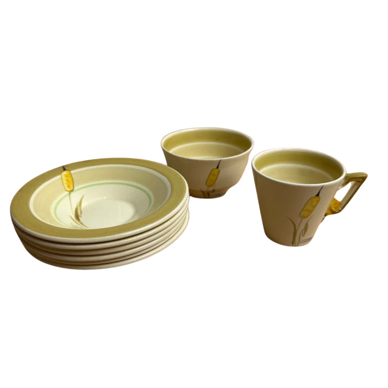 Vintage Burleigh Ware ‘Bulrush’ Plates, Cup and Bowl