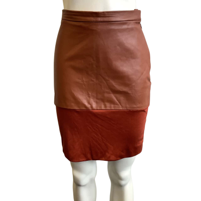 Gary Bigeni Women's Brand Size 1 Leather & Silk Mini Skirt Brown 
