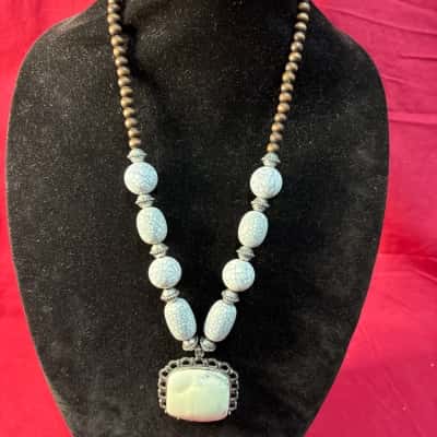  Women's Statement Necklace with Large Pendant, Wooden Beads & White Crackle-Style Beads