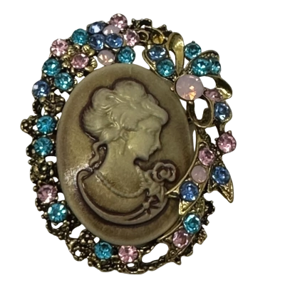  Rhinestone Cameo Womens Brooch ceramic Cameo Pink and Blue Rhinestones