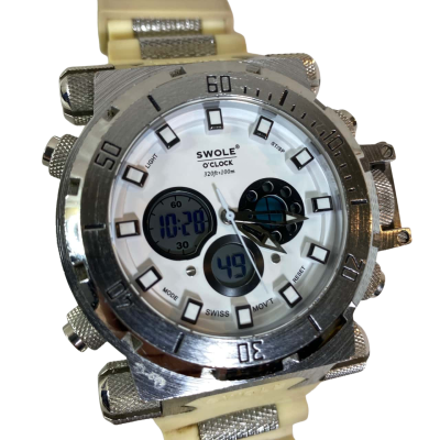 a Swole O'Clock Jupiter V5 51mm men's stainless steel watch with a white dial and cream/white rubber strap