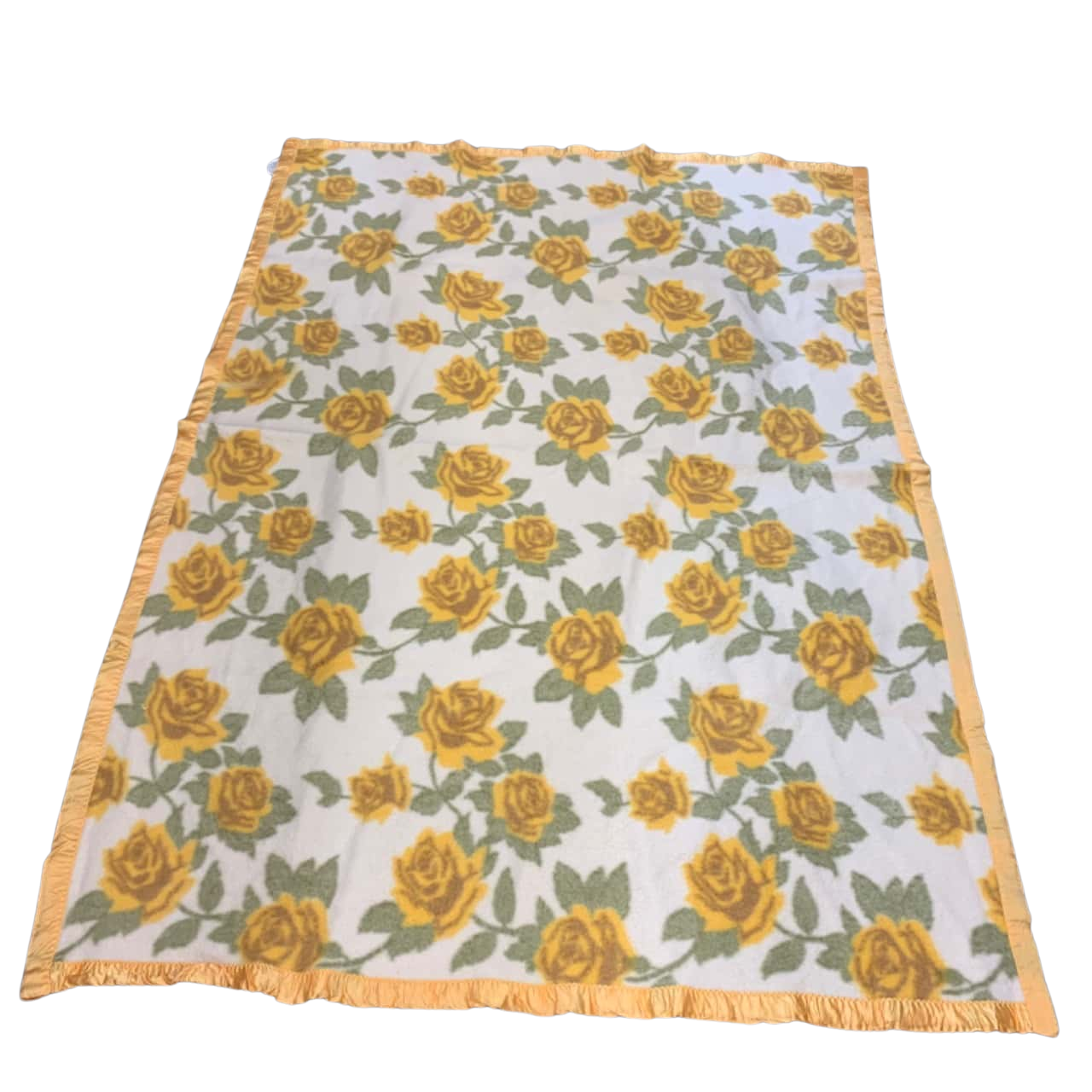 Vintage Invicta 100 wool Blanket. Yellow roses with yellow satin