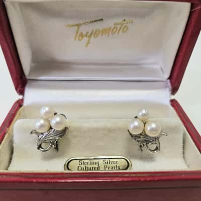 Vintage Sterling Silver Cultured Pearl Earrings from Toyomoto.