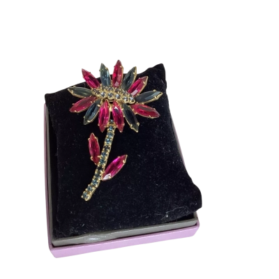 Vintage Red Rhinestone Sunflower Brooch 