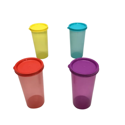 Four Tupperware 16 oz Coloured Tumblers With Lids - As New