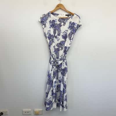 David Lawrence White Blue Floral Linen Blend Midi Dress Size 8 