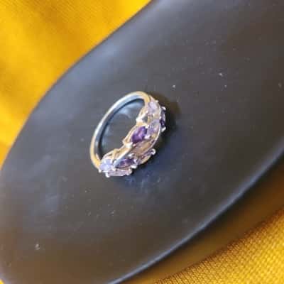 Ladies Silver Stamped 925 Ring w/ Purple Stones - SIZE O