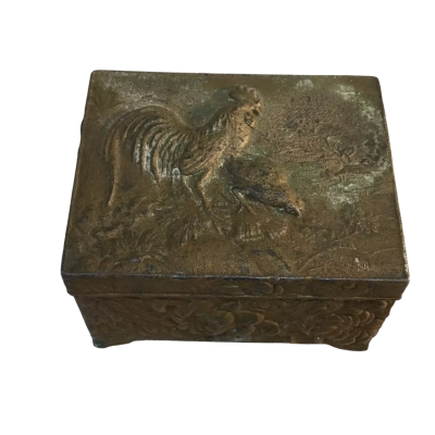 Antique Hinged Metal Box Rooster Design Approx 7 x 5cm