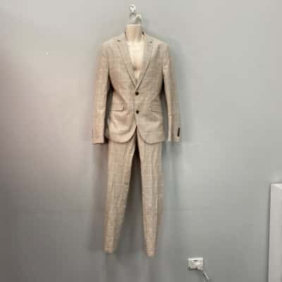 Connor Mens  Slim Fit Linen Blend Suit Size 32 Pants & 40 Jacket Beige / Checked / White 