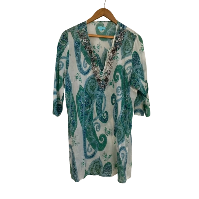 Blue Illusion Womens  Size XL Shirt Dress / 3/4 Sleeve Dress Blue / Green / White 