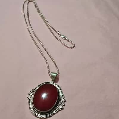 Sterling silver chain & large Red Cabochon Stone Pendant 