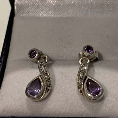 Amethyst & Marcasite Sterling Silver Matching Ring & Earrings