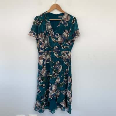 Jacqui-E Green Floral Short Sleeve Midi Dress  Size 12 