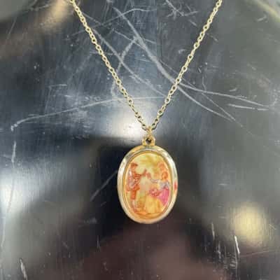 Vintage Oval Pendant with Gold Toned Necklace 
