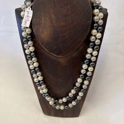  Women's Park Lane Long Faux Pearl Necklace featuring White, Grey and Dark Metalic Beads