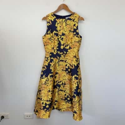 Misslook Navy Blue Yellow Floral Sleeveless Midi Dress  Size M 