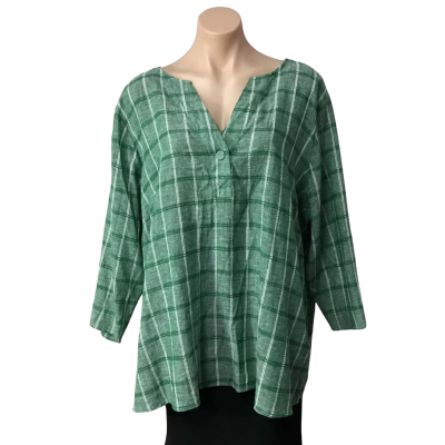 Regatta Womens  Size 22 Green / White Checked Linen Blend 3/4 Sleeve Top