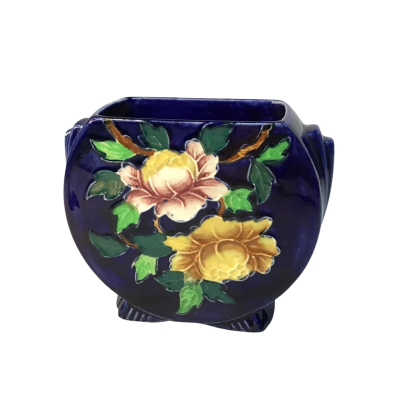 Hand Painted Maling Ware Vase Cobalt Glue Peonies Art Deco 1930s