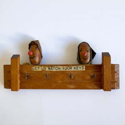 Vtg. Mid Century “Watch Your Keys” Wood Rack