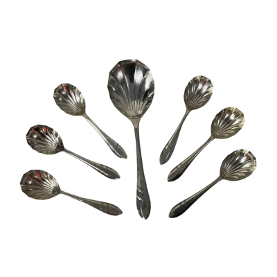 Vintage Sheffield EPNS Art Deco Shell Pattern 6 x Dessert Spoons & Serving Spoon 