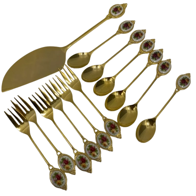 Unbranded 6 Tea Spoons + 6 Forks + 1 Cake Knife SET With Retro Handles