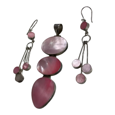 925 Sterling Silver Pink Mother of Pearl Pendant & Drop Earrings 3 piece set 