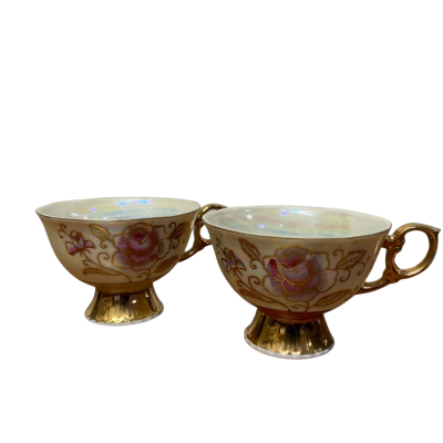 Set of 2 Vintage luminescence tea cups with rose pattern