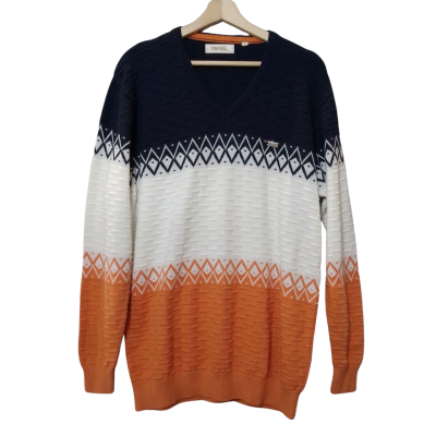 Diesel Mens Size XL Navy Blue / Orange / White V-Neck Jumper