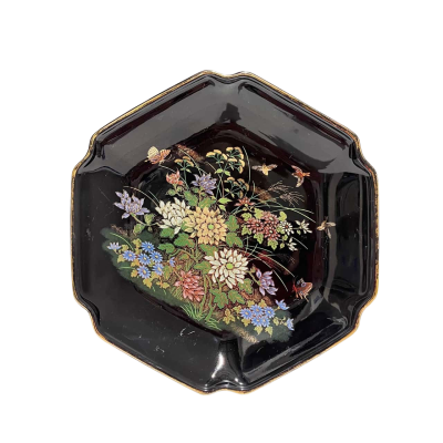 Black Onyx Porcelain Dish with Raised Moriage Painting Floral Design Japan