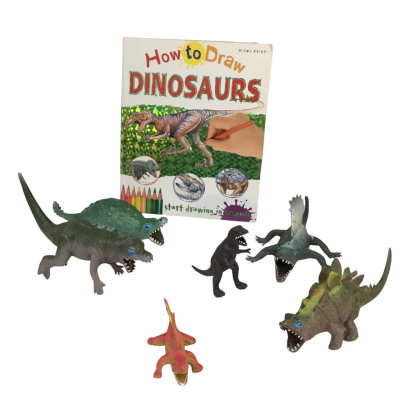 Assorted Dinosaurs and Book as pictured