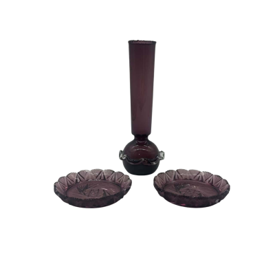 Purple Glass Vase And 2x Mini Candle Dishes