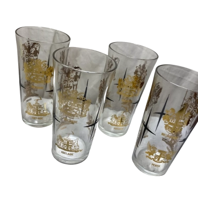 4 Retro Barware Vintage 1970's Gold pattern High Ball Glasses set of six Cities of Australia