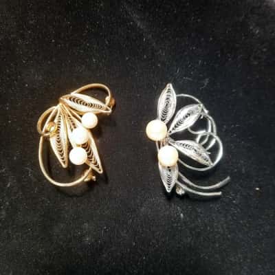 Filigree & Faux Pearl Brooches x 2