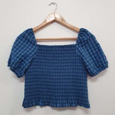 Decjuba Girl's Size L Gingham Shirred Top Blue - New With Tags