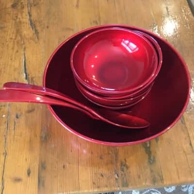 Japanese Salad Bowl Set Dark Red Lacquer