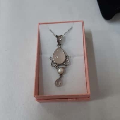 Silver 925 Pendant With Rose Quartz  Stones On Silver Chain