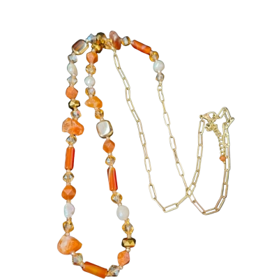  Womens Gold Tone Carnelian, faux pearl and Crystal Necklace 