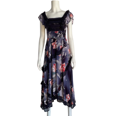 Jaase Womens  Size S Midi Boho Dress Floral / Navy Blue with lace