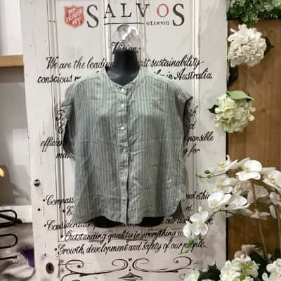 NATURALS BY O & J BRAND! Womens  Size M Short Sleeve Shirt Olive / Striped / Teal! MADE WITH 100% LINEN! BEAUTIFUL STRIPED BUTTON UP BOXY SHIRT! HIGH LOW HEM LINE! 