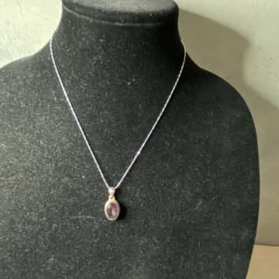 Silver Necklace W/Purple Stone Pendant 925