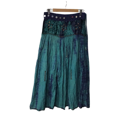 Banjara Womens Size S Teal / Navy Blue Tie Dyed Embellished Midi Skirt